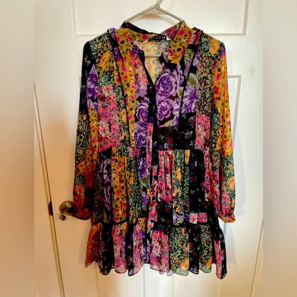 Zara Floral Patchwork Mini Dress in Purple, Yellow, Pink, Black